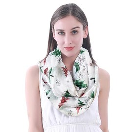 Lina & Lily Women's Loop Scarf with Christmas Pattern, White Green Red Christmas Tree