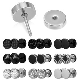 ValueBargain 9 Pairs of Fake Tunnels, Men's Earrings Silver Black Stainless Steel Earrings Set, Round Screw Dumbbell Stud Earrings, Faux Gauges Ear Plugs, 8 mm for Men and Women