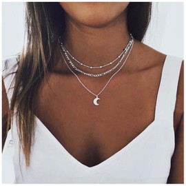 Allereya Moon Pendant Necklace Layering Satellite Chain Necklaces Silver Crescent Chain Necklaces Bead Chain Necklace Vintage Chain Jewelry for Women and Girls