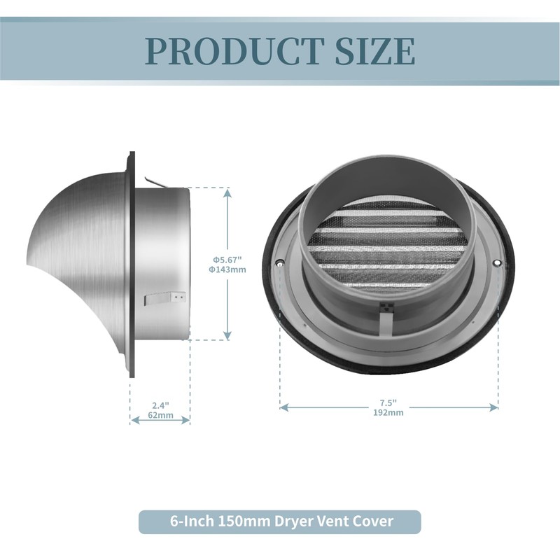 Insvrecho 6-Inch Round Dryer Vent Covers Outdoor, Stainless Steel exhaust