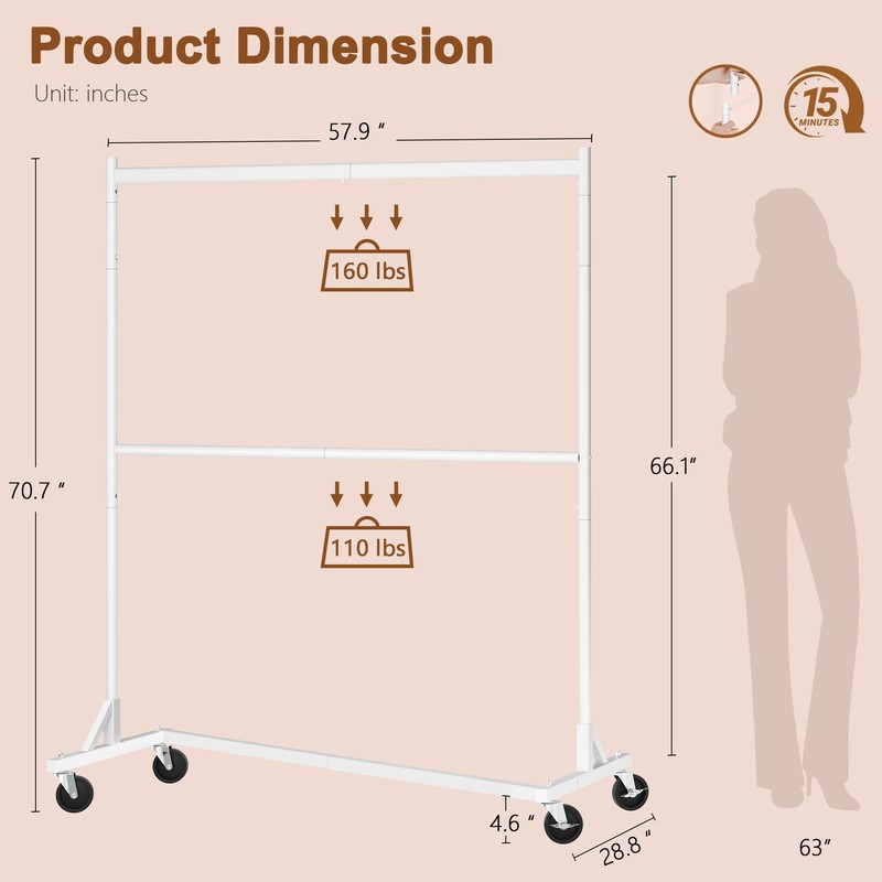 Hoctieon Double Rod Clothes Racks with Z-Base, Adjustable Clothing Rack,