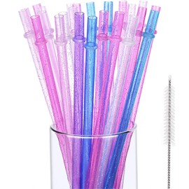 Hestya 25 Pcs Glitter Reusable Plastic Straws 9 Inches Long Hard Plastic Straws with Brush 6 Colors Translucent Replacement Drinking for 16oz-30 oz Tumblers