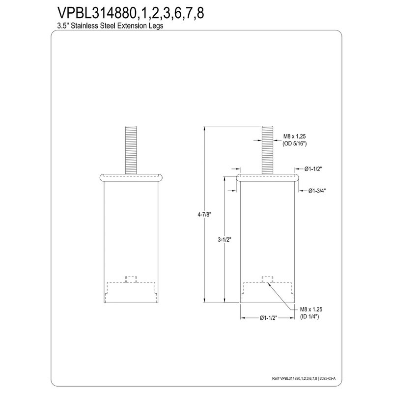 Kingston Brass VPBL314887 Extension Leg, Brushed Brass