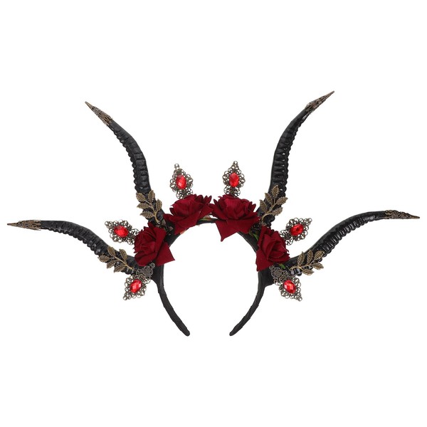 Beavorty Halloween Horn Headband Roses Garland Gothic Hairband Gothic Demon Crystal Headpieces Forest Animal Photography Props for Halloween Headdress Cosplay