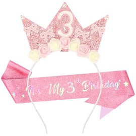 SuPoo 3rd Birthday Sash and Headband Crown Flower 3rd Birthday Decorations for Girl Pink Bow Crown for Girls Princess Tiara Cute Glitter Hair Band 3 Year Old Party Decorations Outfit Gift