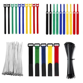 GFORTUN Cable Ties Kit, 155pcs Multi-Purpose Reusable Cable Wire Management Ties, Metal Zip Ties, Adjustable Self-Locking Cord Ties Organizer, Multi-Color Zip Ties Perfect for Home Office and Garden