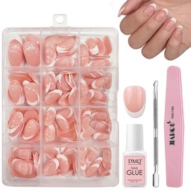 DMQ French Press On Nails Almond, 240Pcs French Tip False Nails Short, Nude Color Stick on Nails with Glue, Full Cover Glue on Nail Tips for Women Girls French Nail Art Decorations