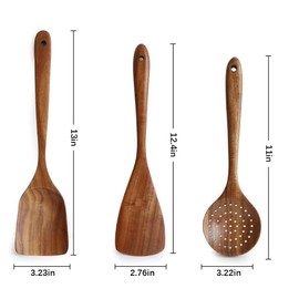 Teak Kitchen Utensils Set,Slotted Spoon+Flat Spatula+Wok Spatula Kit,Kitchenware Nonstick Pan Fryer Pot Cookware Wooden Kitchen Utensil Set Natural Handcrafted Cutlery Kitchen Tool For Cooking
