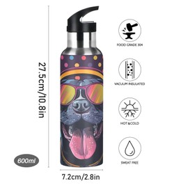Pitbull Headphones Dog Colorful Dots Water Bottle Leakproof Insulated Stainless Steel Hot Cold Water Flask with Straw Lid for Sports Travel 20 oz