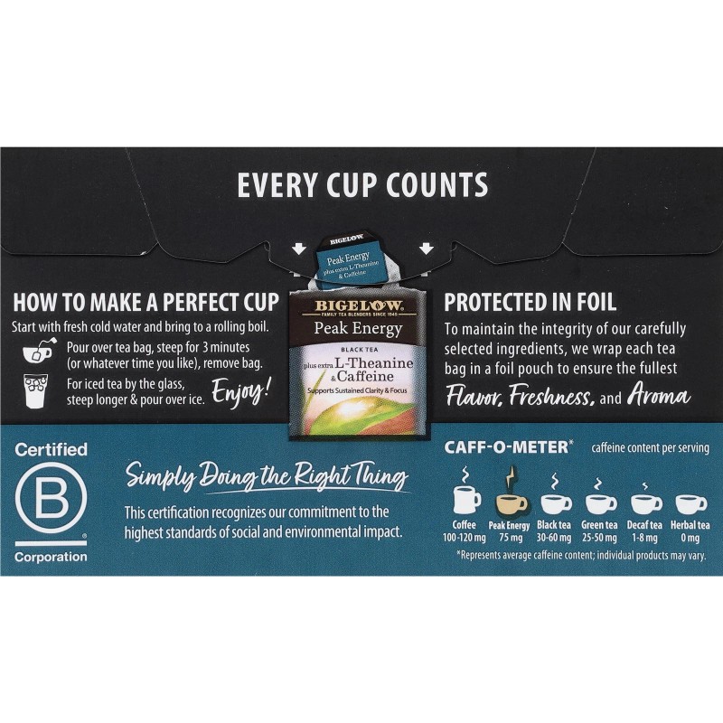 Bigelow Peak Energy Black Tea 18 Bags Caffeinated Pack of