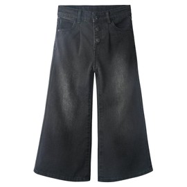 KIDSCOOL SPACE Big Girls' Wide-Leg Jeans,3 Buttons Front Elastic Band InsideSimple Design Flared Denim Pants,Black,16