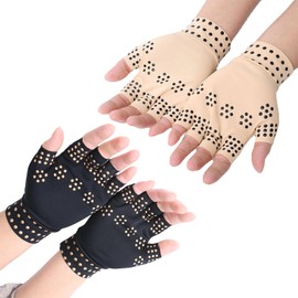 2 Pairs Arthritis Gloves, Fingerless Compression Gloves, Non-Slip, Dotted Pressure Gloves, Suitable for Fitness, Cycling, Healthcare, etc. (Skin Colour, Black)