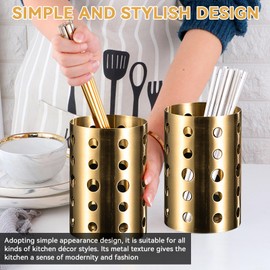Stainless Steel Utensil Holders for Kitchen, Large Cooking Utensil Caddy Gold Metal Utensil Holders Utensil Holder with Drain Holes