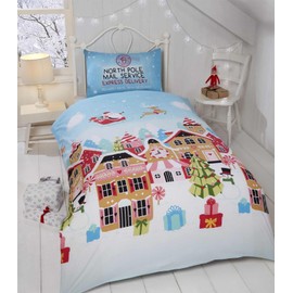 Rapport Gingerbread Town Single Duvet Cover Children's Christmas Bedding Set, 2 pieces, Festive, Blue