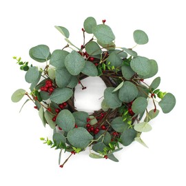CVHOMEDECO. Rústico Country - Hojas de eucalipto Artificiales y ramita con Corona de Bayas Rojas, Corona Verde Completa Durante Todo el año para exhibición en Interiores o Exteriores, 12 Pulgadas