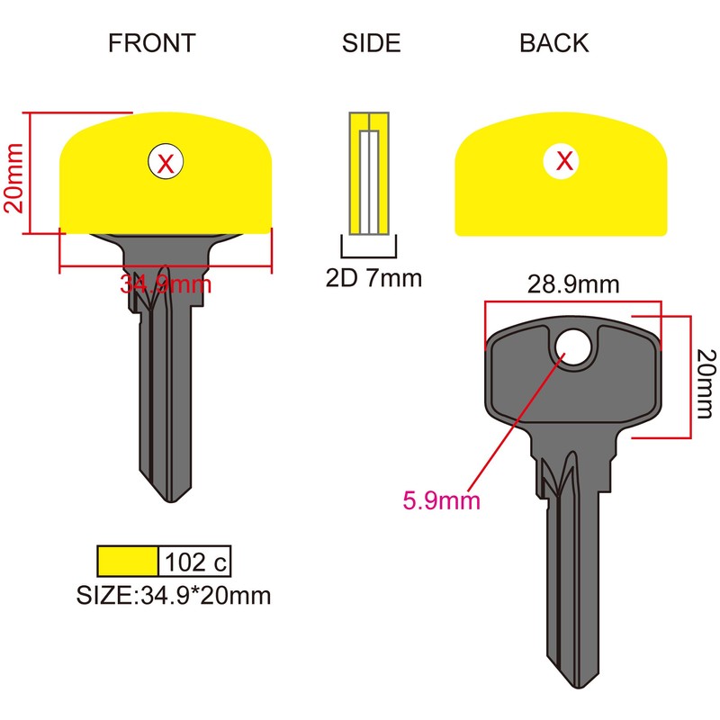 Set of Four Coloured Large Square Headed Identifying Key caps