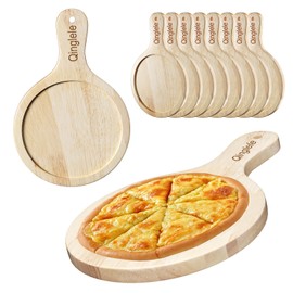 Qinglele Wooden Pizza Plate, Pizza Board Made of Rubber Wood, Thick, Diameter 17.8 cm, Pizza Chopping Board Round, Pizza Wooden Board Small with Handle, Pizza Plate for Pizza