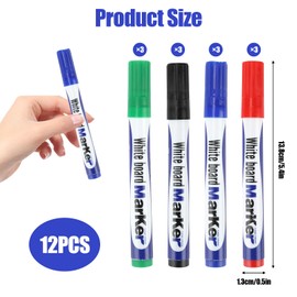 12 Pcs Whiteboard Pens, Whiteboard Markers in 4 Colors, Dry Erase Low Odor Easy Wipe Erasable Markers for Whiteboards Glass & Mirrors, Perfect for Office School Supplies (Black Blue Red Green)