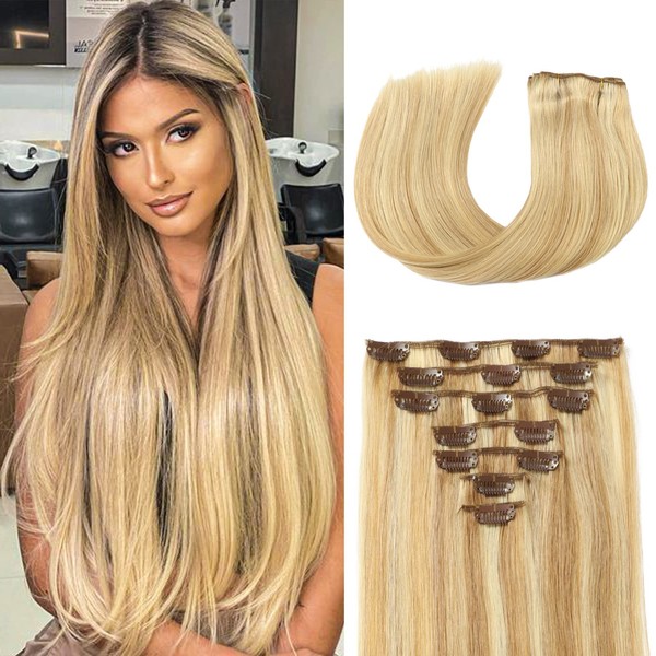 Clip in Hair Extensions Real Human Hair for Women Highlight