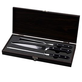 Wrenbury Professional Sabatier Carving Knife and Fork Set with Sharpening Steel | 3 Piece Carving Set 2CR14 Stainless Steel | Full Tang Handles | Presentation Box