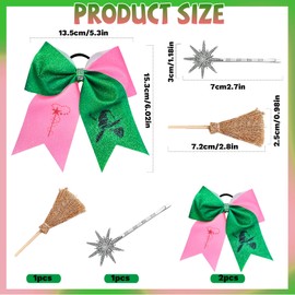 4Pcs 8'' Witch Hair Accessories Glitter Leather Pink and Green Hair Bows with Ponytail Green/Pink Hair Bows Bow Hair Tie for Witch Party Gifts