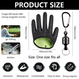 KEQAR 1 x Waterproof Fishing Gloves Hunting Gloves with Anti Cut and Magnetic Closure Latex Fish Catching Gloves for Safe Handling of Pike Catfish Zander (Left Hand)
