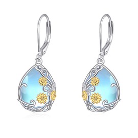 VONALA Sunflower Earring for Women 925 Sterling Silver Moonstone Jewelry Teardrop Leverback Valentines Gift for Her