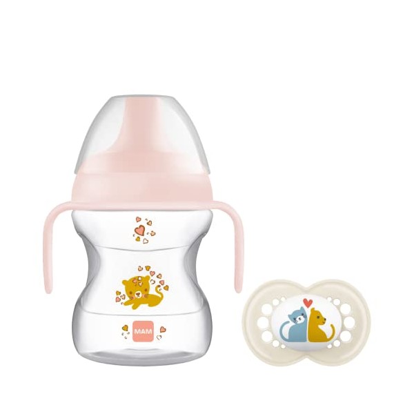 MAM Learn to Drink Cup, Bottle Handles and Soother, 6+ Months Baby Cup with Removable Handles, Baby Feeding Accessories, 190 ml, Pink (Designs May Vary)