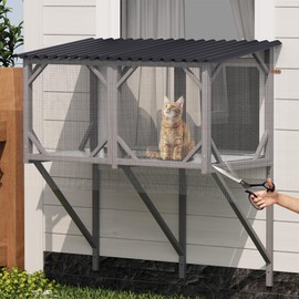 YOPTO 44.5" Cat Window Box,Catio Outdoor Enclosure W/Removable Mosquito Net & Waterproof Roof,All Weather Use Cat Window Perch W/ 3-Sided Windows,for Sunbathing,Napping,Viewing,Antique Gray