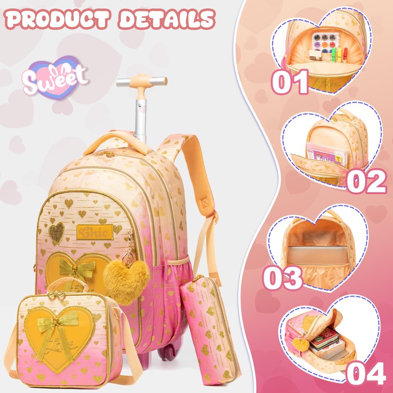 Kids Bowtie Heart Rolling Backpack for Girls Trolley Suitcases Luggage