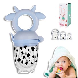 Chupón/Chupete Ergonómico para Frutas, Papillas y Cereales con Seguro y Tapa Protectora Libre de BPA, Unisex de 4m+ (Vaquita - Azul)