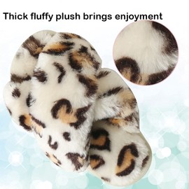 Fadezar Girls Fluffy Slippers for Kids Cute Fuzzy Slippers Open Toe Warm Fur Slides Cross Band Plush Slip on House Indoor Slippers White Leopard Narrow US 1-1.5 Big Kid EU 32-33