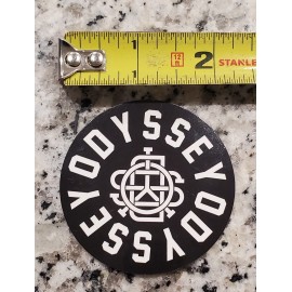 White Oddessy Bmx Logo Decal ( round ) black and white in color.