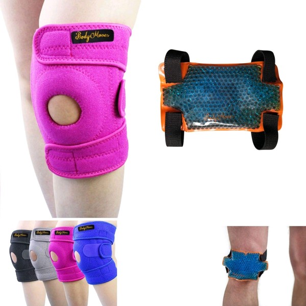 BodyMoves Kid's Knee Brace Support Plus Hot and Cold Ice gel Pack for stabilizing patella meniscus tear ligament injury prevention (SWEET PINK)