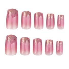 RUOKEXIN Medium Square Press on Nails French Tip Fake Nails Gold Glitter False Nails with Designs Pink Full Cover Glue on Nails Sparkly Artificial Nails Cute Stick on Nails for Women 24Pcs