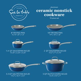 Sur La Table Kitchen Essentials 10 Piece PFA Free Titanium Ceramic Nonstick Interior Forged Aluminum Cookware Pots and Pans Set - Blue - Induction Compatible