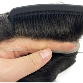 Hair Toupee men Sistema de reemplazo de cabello humano Remy Peluca for hombres Línea de cabello natural Frente de encaje suizo con piel fina PU Tupé for hombres Prótesis capilar masculina duradera Tup
