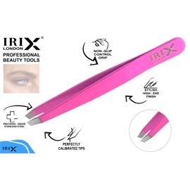 Irix London Professional Slanted Tweezers - Precision Eyebrow and Facial Hair Plucking - Silver Tipped Tweezer (Pink)