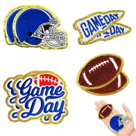 Jongdari 8pcs Football Game Day Helmet Patches Chenille Sports Iron On Patches Bulk for Hats Backpacks Clothes, Gameday Rugby Patch for Heat Press with Gold Edges (Blue, 8pcs)