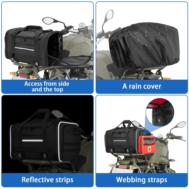 Waterproof Motorcycle Tail Luggage Bag, 48L-64L Expandable, a Rain Cover