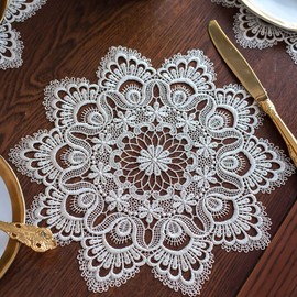 ARTABLE Lace Doily Placemats Round Lace Place Doilies Embroidered Flower Cup Mat Vase Mat for Table Topper Home Decoration Dinner Table (12'' Round 2pcs set, Stone Grey)