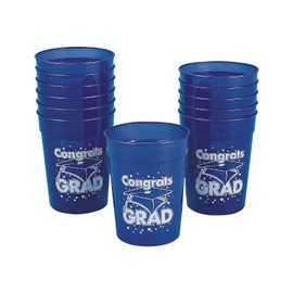 Fun Express 12 Pieces Congrats Grad Plastic Cups for Graduation, 10 oz, BPA Free Plastic, Graduation Party Supplies, Print Tableware, Print Cups, Blue