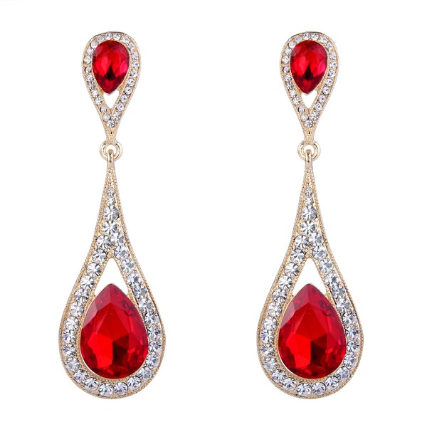 EVER FAITH Red Crystal Teardrop Dangle Earrings for Women Girls,
