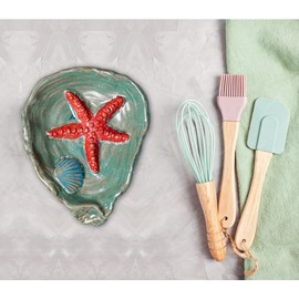 Ocean Theme Spoon Rest For Stove Top Ceramic Spoon Holder For Stove Utensil Rest For Stove Top Blue Cooking Spoon Rest For Kitchen Counter With Oyster, Starfish, Shell Ocean Decoration