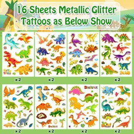 Leesgel 200 Styles Dinosaur Metallic Glitter Tattoos for Kids, Dinosaur Stickers Temporary Tattoos for Dinosaur Birthday Decorations Party Supplies Favours, Dinosaur Toys for Boys Games Toys Prizes