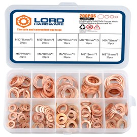 LordHardware 200pcs Copper Crush Metric Washers Assortment Kit Flat Sealing Washer M5 M6 M8 M10 M12 M14 (9 Sizes)