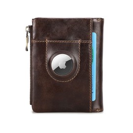 Contacts Bifold Wallet Leather AirTag Purse for Women Men Minimalist Small Coin Card Zipper Pocket with RFID Blocking (Coffee)