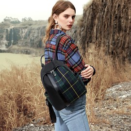 NICOLE & DORIS Fashion Backpacks for Women Waterproof Lightweight Casual Daypack PU Leather Ladies Large Backpack Splicing Check Canvas Backpack Green