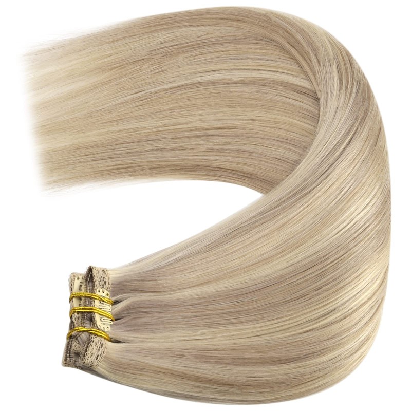 YoungSee #18/613 Clip-In Real-Hair Extensions, Blonde, Light Blonde with Strawberry