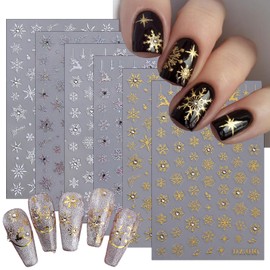 6 Sheets Gold Silver Dot Diamond Christmas Art Stickers Laser Silver Snowflake with Rhinestones Design Nail Stickers 3D Self-Adhesive White Gold Elk Nail Decals for Christmas Nail Decorationn